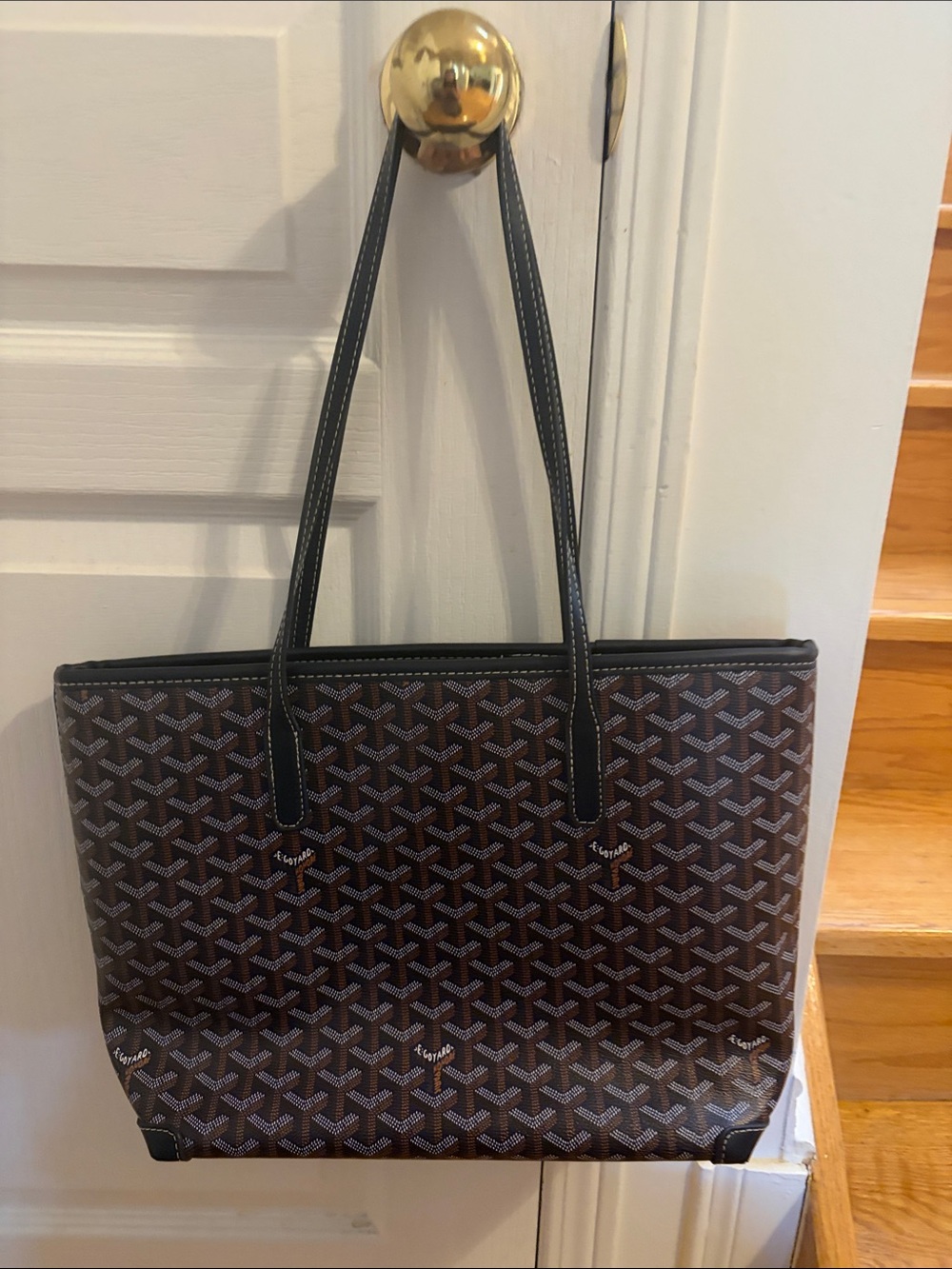 Patterned Brown Tote Bag with Black Straps